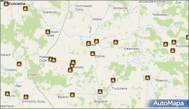 mapa Złotniki gmina Juchnowiec Kościelny, Złotniki gmina Juchnowiec Kościelny na mapie Targeo