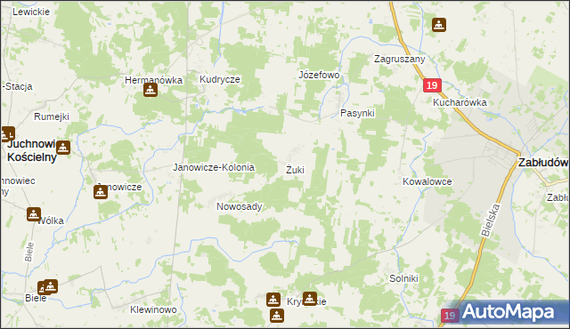 mapa Żuki gmina Zabłudów, Żuki gmina Zabłudów na mapie Targeo