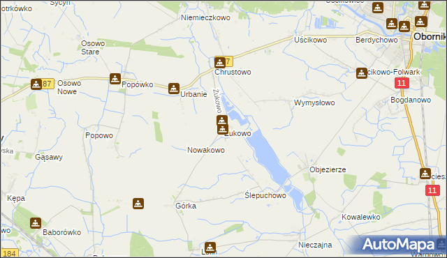 mapa Żukowo gmina Oborniki, Żukowo gmina Oborniki na mapie Targeo