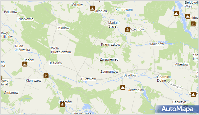 mapa Żurawieniec gmina Lutomiersk, Żurawieniec gmina Lutomiersk na mapie Targeo