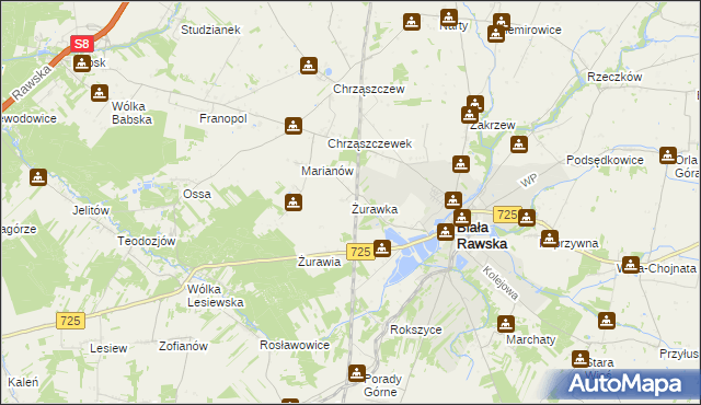 mapa Żurawka gmina Biała Rawska, Żurawka gmina Biała Rawska na mapie Targeo