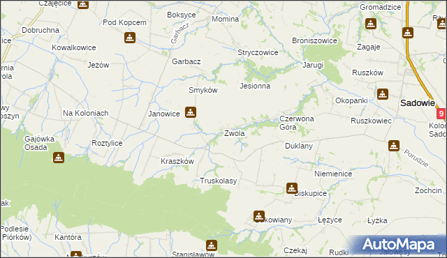 mapa Zwola gmina Sadowie, Zwola gmina Sadowie na mapie Targeo