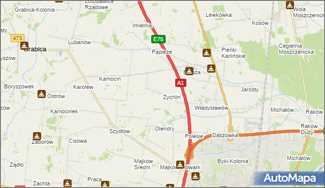 mapa Żychlin gmina Grabica, Żychlin gmina Grabica na mapie Targeo