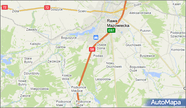 mapa Podlas gmina Rawa Mazowiecka, Podlas gmina Rawa Mazowiecka na mapie Targeo