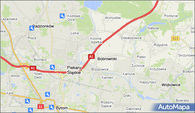 mapa Bobrowniki powiat będziński, Bobrowniki powiat będziński na mapie Targeo