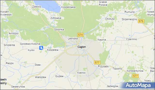 mapa Gąbin powiat płocki, Gąbin powiat płocki na mapie Targeo