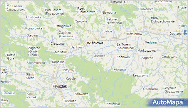 mapa Jazowa gmina Wiśniowa, Jazowa gmina Wiśniowa na mapie Targeo