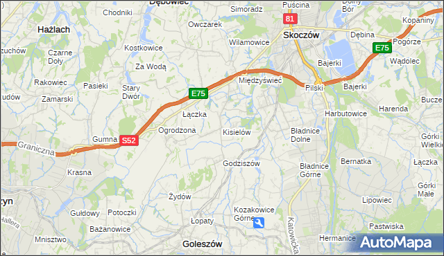 mapa Kisielów gmina Goleszów, Kisielów gmina Goleszów na mapie Targeo