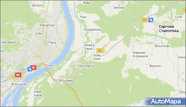 mapa Nowy Dwór gmina Dąbrowa Chełmińska, Nowy Dwór gmina Dąbrowa Chełmińska na mapie Targeo