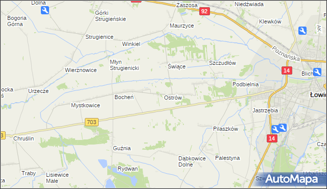 mapa Ostrów gmina Łowicz, Ostrów gmina Łowicz na mapie Targeo