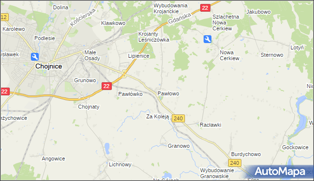 mapa Pawłowo gmina Chojnice, Pawłowo gmina Chojnice na mapie Targeo