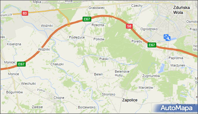 mapa Piaski gmina Zduńska Wola, Piaski gmina Zduńska Wola na mapie Targeo