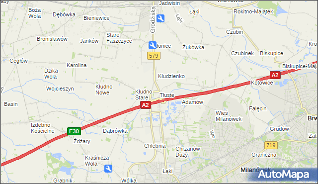 mapa Tłuste gmina Grodzisk Mazowiecki, Tłuste gmina Grodzisk Mazowiecki na mapie Targeo