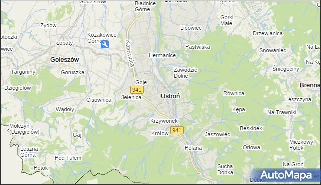 mapa Ustroń powiat cieszyński, Ustroń powiat cieszyński na mapie Targeo
