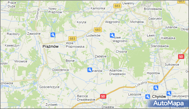 mapa Zadębie gmina Prażmów, Zadębie gmina Prażmów na mapie Targeo