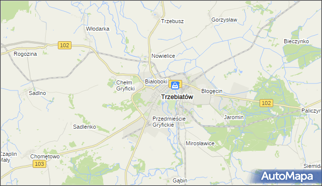 mapa Trzebiatów powiat gryficki, Trzebiatów powiat gryficki na mapie Targeo