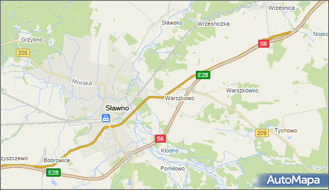 mapa Warszkowo gmina Sławno, Warszkowo gmina Sławno na mapie Targeo