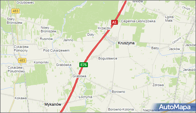 mapa Bogusławice gmina Kruszyna, Bogusławice gmina Kruszyna na mapie Targeo