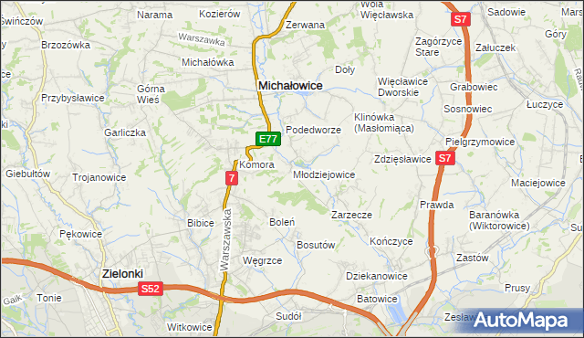 mapa Młodziejowice gmina Michałowice, Młodziejowice gmina Michałowice na mapie Targeo