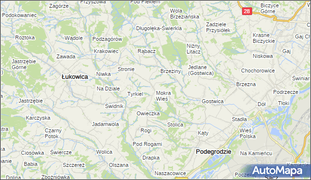 mapa Mokra Wieś gmina Podegrodzie, Mokra Wieś gmina Podegrodzie na mapie Targeo