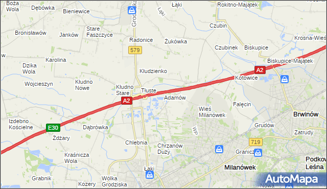 mapa Adamów gmina Grodzisk Mazowiecki, Adamów gmina Grodzisk Mazowiecki na mapie Targeo