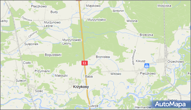 mapa Bronisław gmina Krzykosy, Bronisław gmina Krzykosy na mapie Targeo