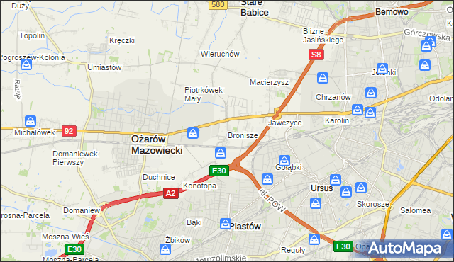 mapa Bronisze gmina Ożarów Mazowiecki, Bronisze gmina Ożarów Mazowiecki na mapie Targeo