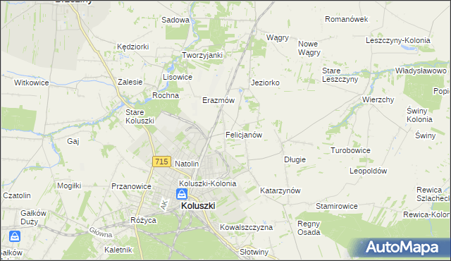 mapa Felicjanów gmina Koluszki, Felicjanów gmina Koluszki na mapie Targeo