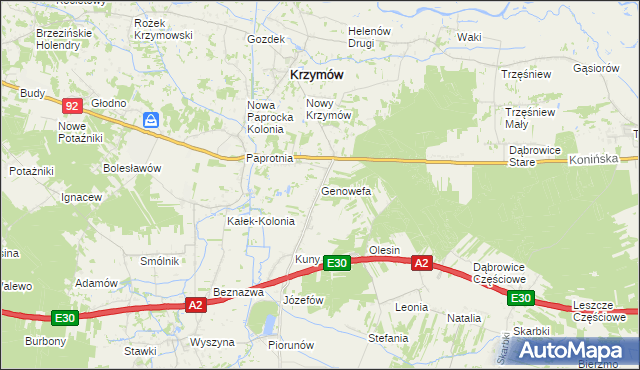 mapa Genowefa gmina Krzymów, Genowefa gmina Krzymów na mapie Targeo