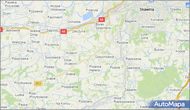 mapa Gołuchowice gmina Skawina, Gołuchowice gmina Skawina na mapie Targeo