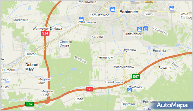 mapa Hermanów gmina Pabianice, Hermanów gmina Pabianice na mapie Targeo