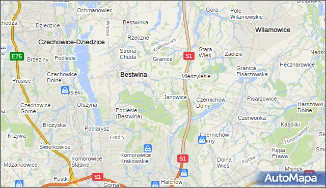 mapa Janowice gmina Bestwina, Janowice gmina Bestwina na mapie Targeo