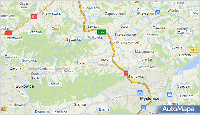 mapa Jawornik gmina Myślenice, Jawornik gmina Myślenice na mapie Targeo