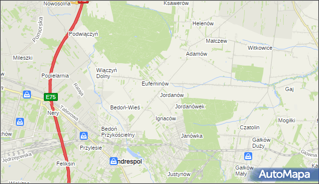 mapa Jordanów gmina Brzeziny, Jordanów gmina Brzeziny na mapie Targeo