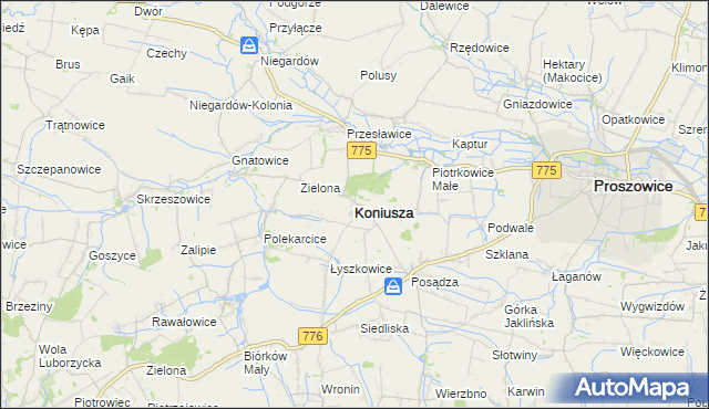 mapa Koniusza powiat proszowicki, Koniusza powiat proszowicki na mapie Targeo