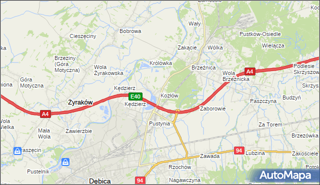 mapa Kozłów gmina Dębica, Kozłów gmina Dębica na mapie Targeo