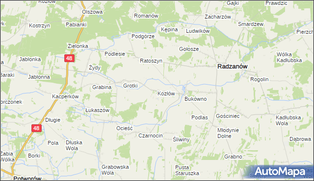 mapa Kozłów gmina Radzanów, Kozłów gmina Radzanów na mapie Targeo