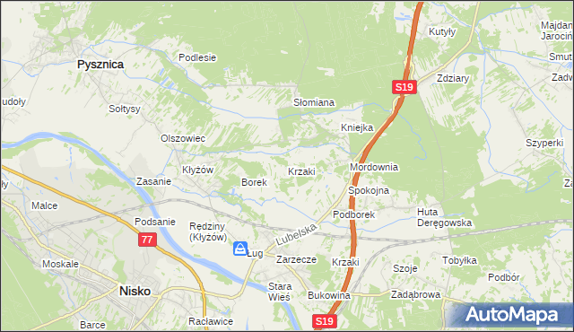 mapa Krzaki gmina Pysznica, Krzaki gmina Pysznica na mapie Targeo