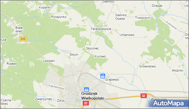 mapa Kurowo gmina Grodzisk Wielkopolski, Kurowo gmina Grodzisk Wielkopolski na mapie Targeo