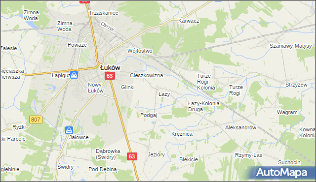 mapa Łazy gmina Łuków, Łazy gmina Łuków na mapie Targeo