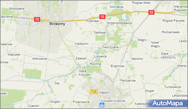 mapa Lisowice gmina Koluszki, Lisowice gmina Koluszki na mapie Targeo