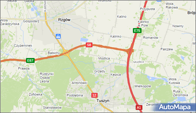 mapa Modlica gmina Tuszyn, Modlica gmina Tuszyn na mapie Targeo