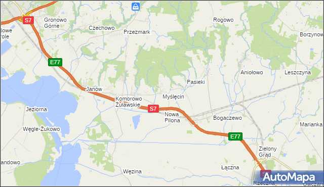 mapa Myślęcin gmina Elbląg, Myślęcin gmina Elbląg na mapie Targeo