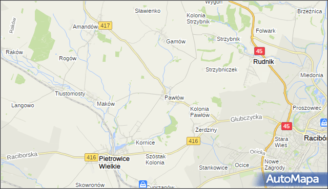 mapa Pawłów gmina Pietrowice Wielkie, Pawłów gmina Pietrowice Wielkie na mapie Targeo