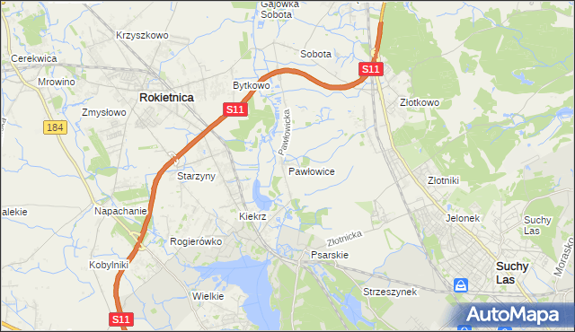 mapa Pawłowice gmina Rokietnica, Pawłowice gmina Rokietnica na mapie Targeo
