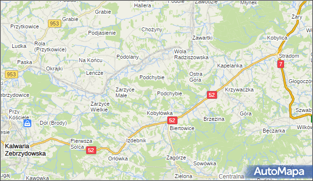 mapa Podchybie gmina Lanckorona, Podchybie gmina Lanckorona na mapie Targeo