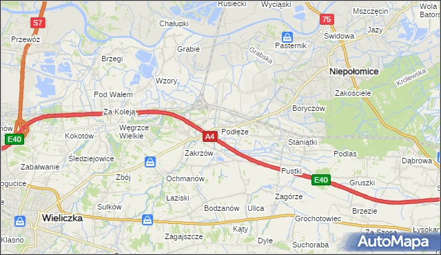 mapa Podłęże gmina Niepołomice, Podłęże gmina Niepołomice na mapie Targeo
