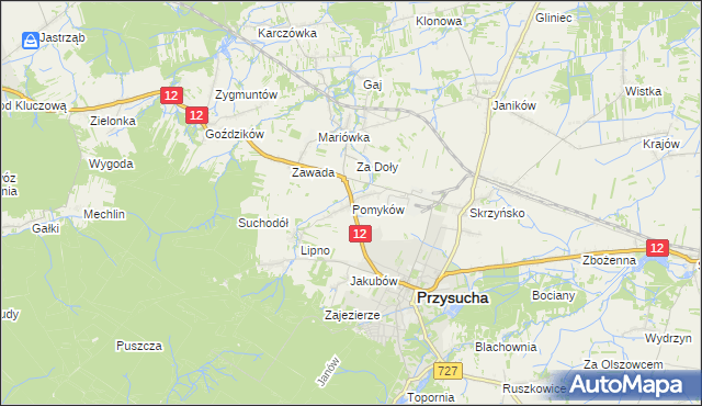 mapa Pomyków gmina Przysucha, Pomyków gmina Przysucha na mapie Targeo