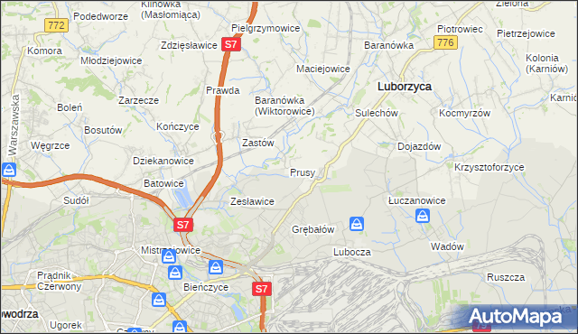 mapa Prusy gmina Kocmyrzów-Luborzyca, Prusy gmina Kocmyrzów-Luborzyca na mapie Targeo