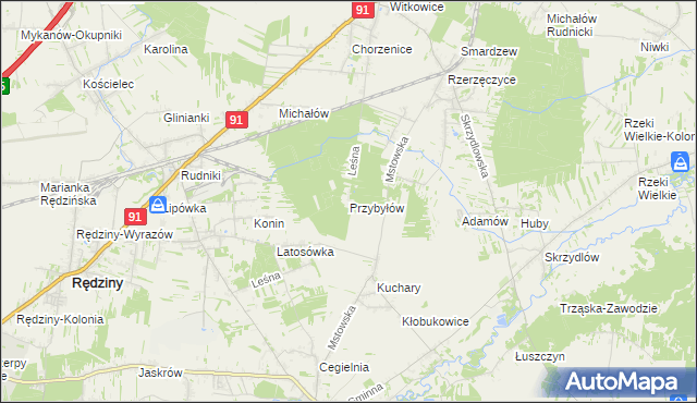 mapa Przybyłów gmina Kłomnice, Przybyłów gmina Kłomnice na mapie Targeo